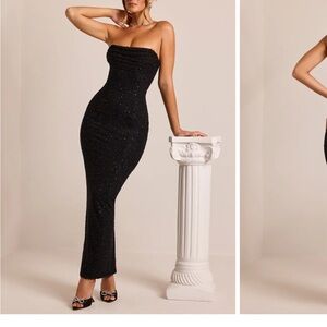 Oh Polly Embellished Bandeau Cowl Neck Maxi Dress in Black